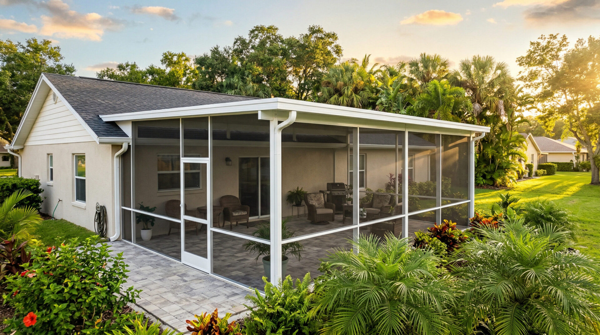 Lanai screen enclosure cost Florida – completed aluminum enclosure in Hillsborough County backyard