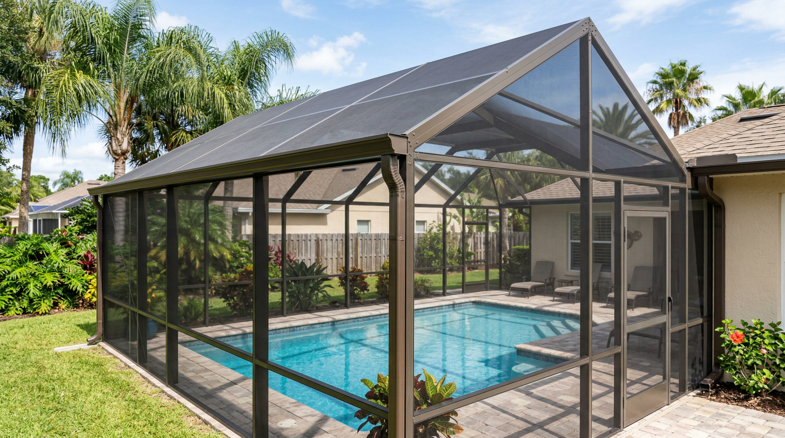 Pool screen enclosure Tampa Florida – aluminum gable frame with charcoal mesh over backyard pool