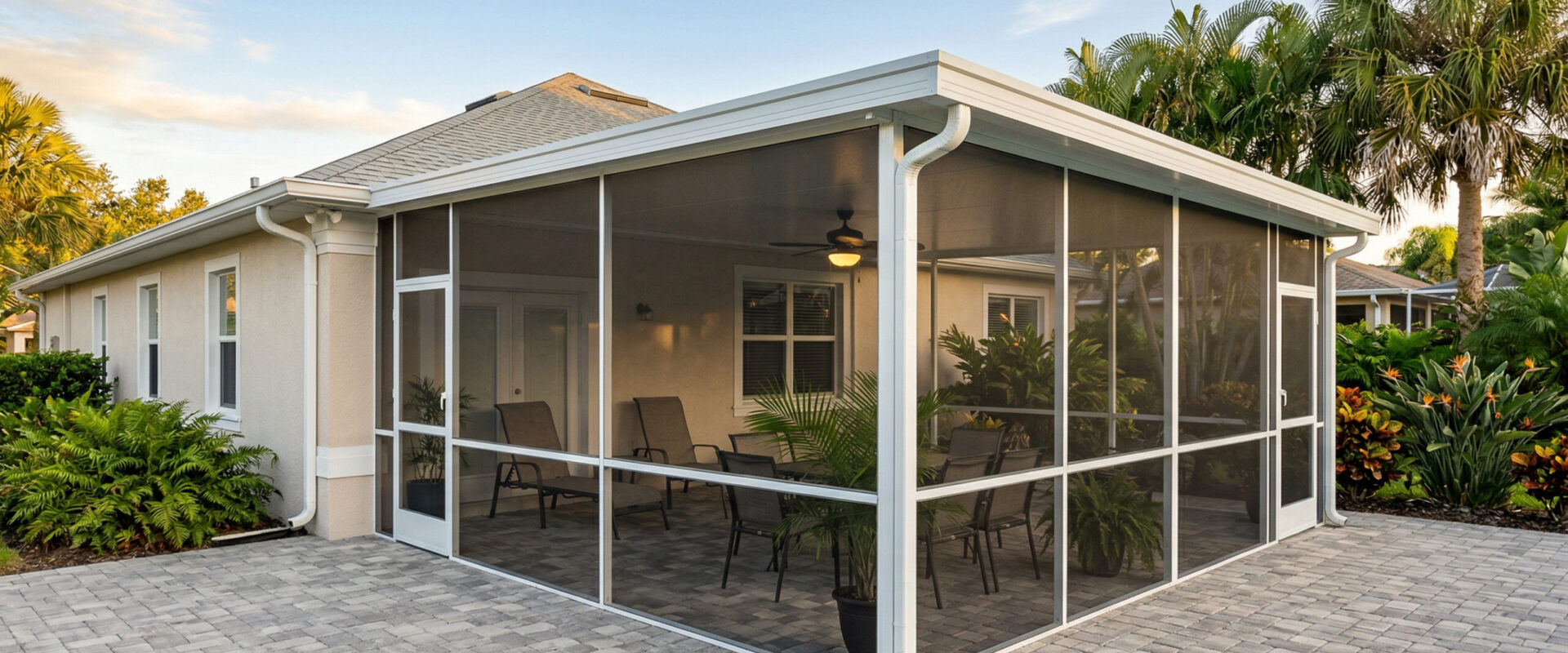 Lanai vs screen enclosure comparison – Florida residential outdoor living space with aluminum frame and pan roof