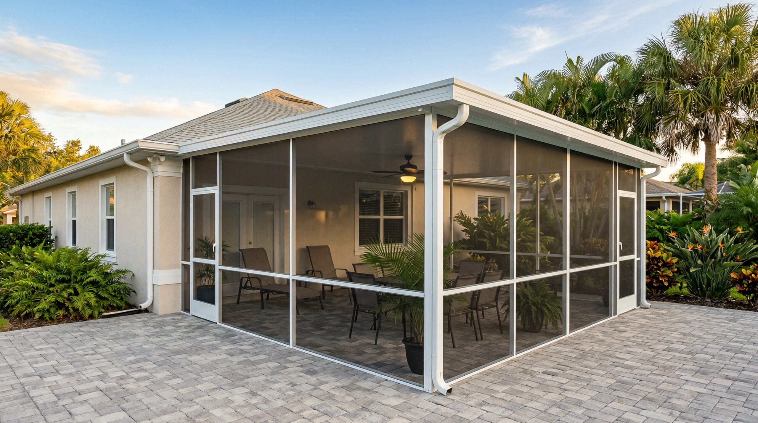 Lanai vs screen enclosure comparison – Florida residential outdoor living space with aluminum frame and pan roof
