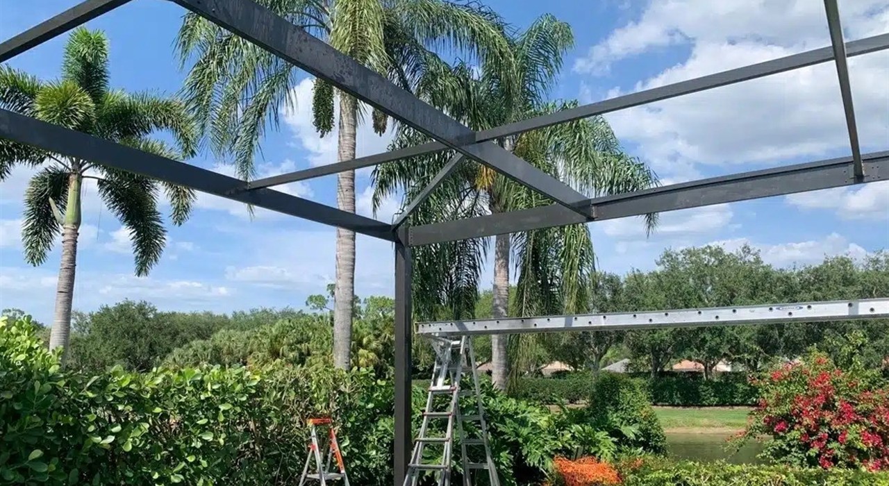An aluminum frame installation in progress for a lanai screen enclosure in Tampa.