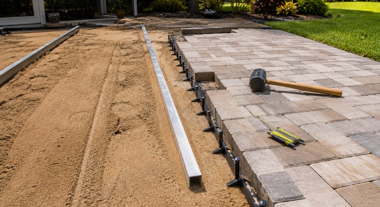 Paver patio installation in Plant City showing the screeded sand bed, edge restraint and pavers going down